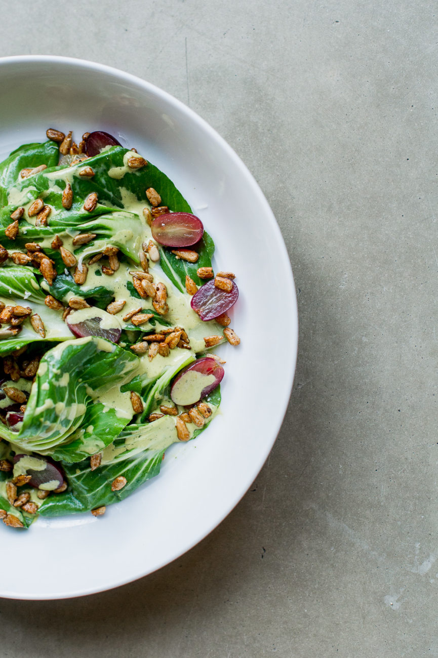 Bok Choy salad with grapes and sunflower seeds
