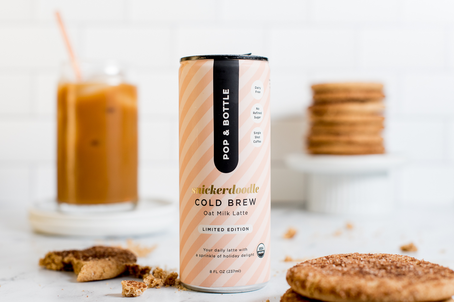 Pop and Bottle Snickerdoodle Cold Brew with snickerdoodle cookies from Trader Joes. CT Food Photographer