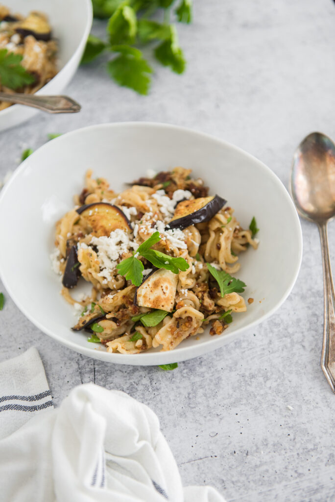 Smitten Kitchen's eggplant pasta with walnuts, shot by food photographer Rebecca Hales