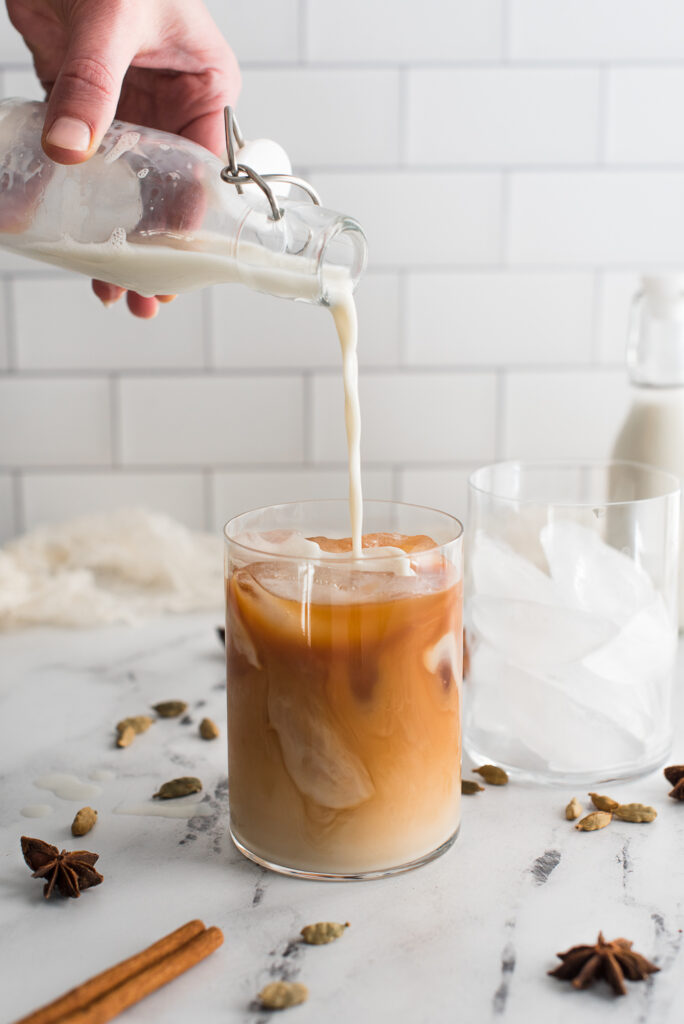 Iced chai latte with oat milk, shot by food photographer Rebecca Hales