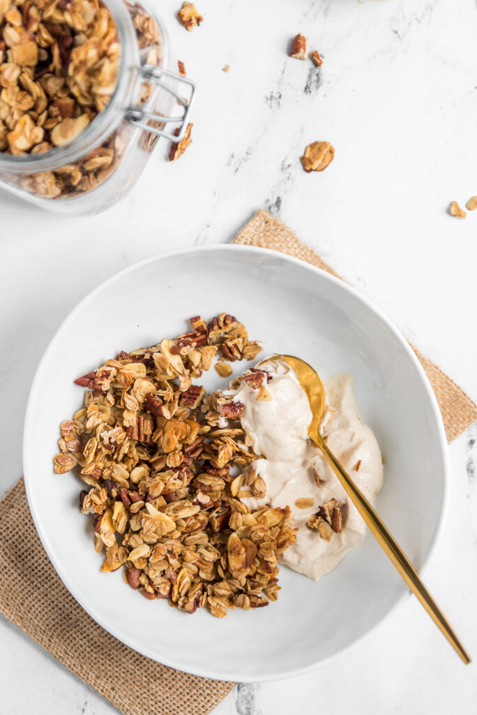 Homemade granola with siggi's yogurt, shot by food photographer Rebecca Hales