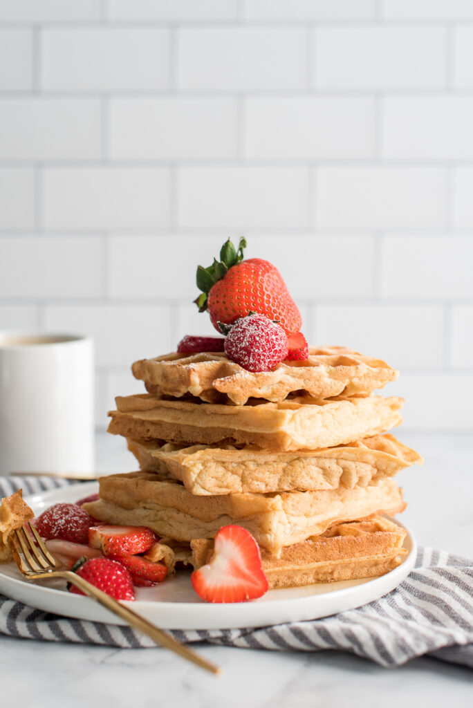 all clad Belgian waffles with fresh strawberries, photographed by Connecticut-based food photographer Rebecca Hales
